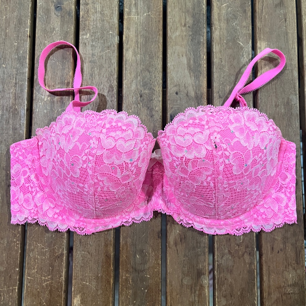 34C VS Pink Lace Sparkles Bra with Adjustable Straps